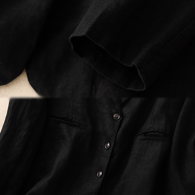 Kurtka damska Buddha Stones Commute Retro Pure Color z klapami z bawełny i lnu z kieszeniami - image 7