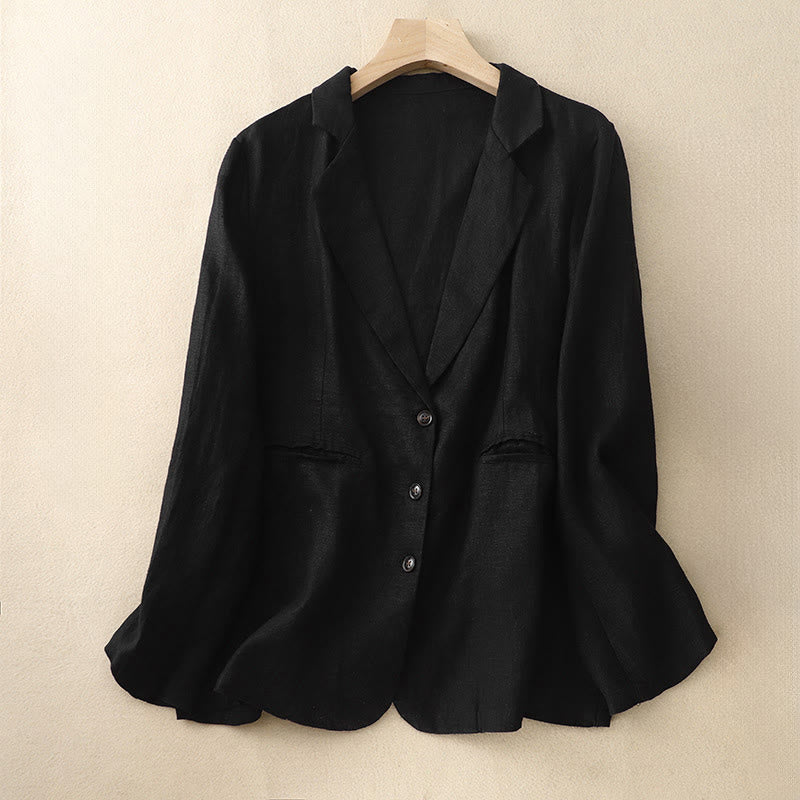 Kurtka damska Buddha Stones Commute Retro Pure Color z klapami z bawełny i lnu z kieszeniami - Czarny - US14, UK/AU18, EU46 (2XL) - image 5