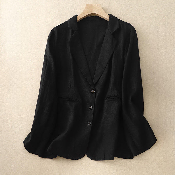 Kurtka damska Buddha Stones Commute Retro Pure Color z klapami z bawełny i lnu z kieszeniami - Czarny - US14, UK/AU18, EU46 (2XL) - image 5