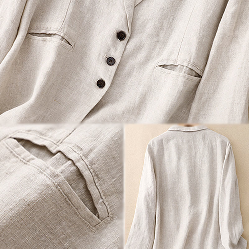 Kurtka damska Buddha Stones Commute Retro Pure Color z klapami z bawełny i lnu z kieszeniami - image 13