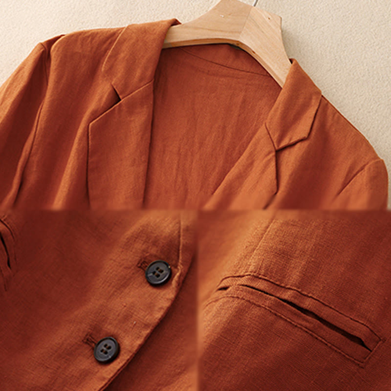 Kurtka damska Buddha Stones Commute Retro Pure Color z klapami z bawełny i lnu z kieszeniami - image 15