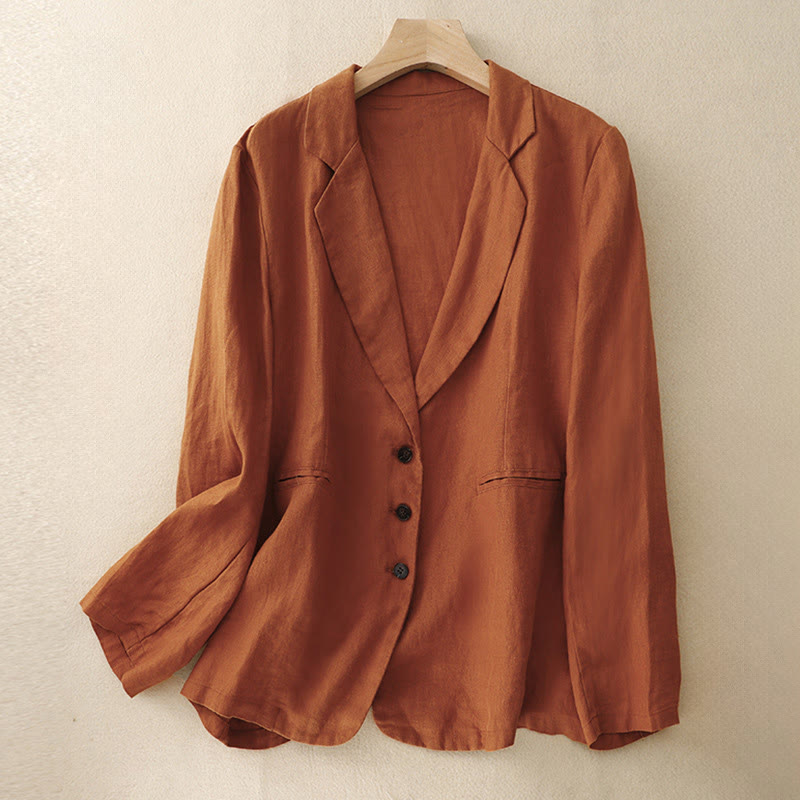 Kurtka damska Buddha Stones Commute Retro Pure Color z klapami z bawełny i lnu z kieszeniami - Pomarańczowo-czerwony - US14, UK/AU18, EU46 (2XL) - image 14