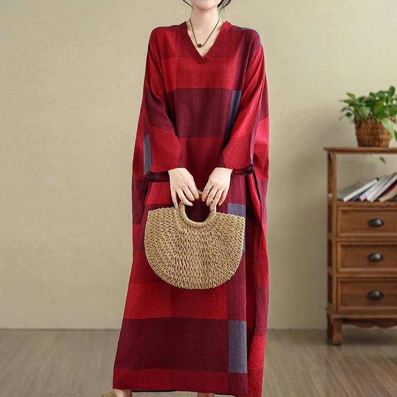 Sukienka maxi damska z bawełny i lnu z kieszeniami i wzorem w kratę "Buddha Stones" - Cegła ogniotrwała - US4-12, UK/AU8-16, EU36-44 (F) - image 6