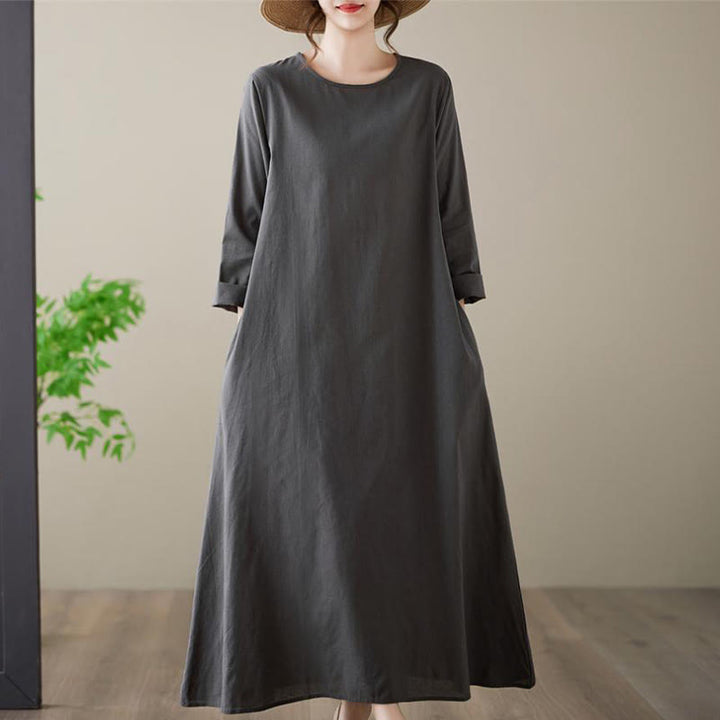 Sukienka midi z bawełny i lnu Buddha Stones, swobodna, prosta, z okrągłym dekoltem i kieszeniami - DimGray - US14, UK/AU18, EU46 (3XL) - image 0