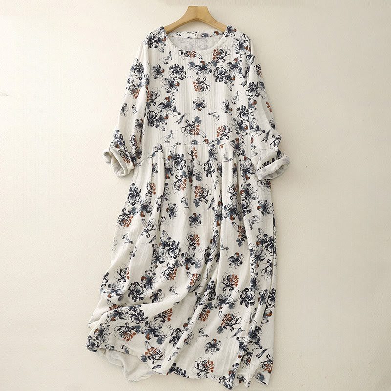 Sukienka midi z bawełny lnianej z okrągłym dekoltem i kieszeniami, z motywem Buddha Stones , w drobne kwiatowe wzory - FloralWhite - US8-10，UK/AU12-14，EU40-42 (2XL) - image 1