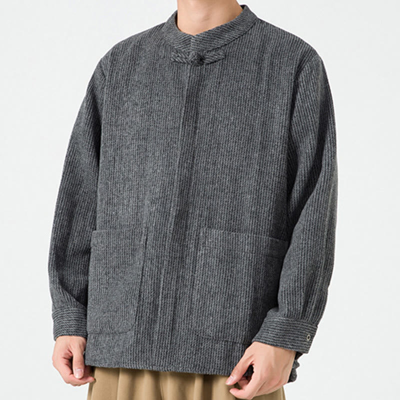 Koszula męska z długim rękawem i kieszeniami, z nadrukiem "Buddha Stones", zapinana na guziki żaby - image 3