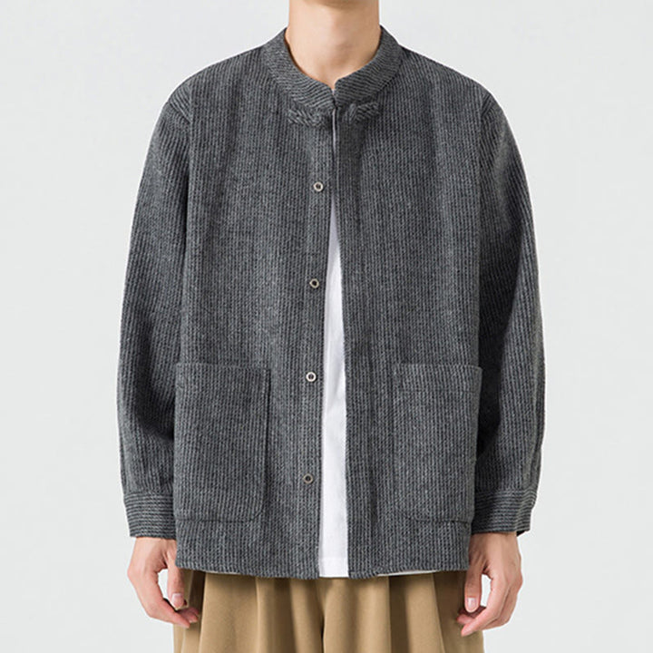 Koszula męska z długim rękawem i kieszeniami, z nadrukiem "Buddha Stones", zapinana na guziki żaby - Czarny - US/UK/AU46， EU56 (5XL) - image 0