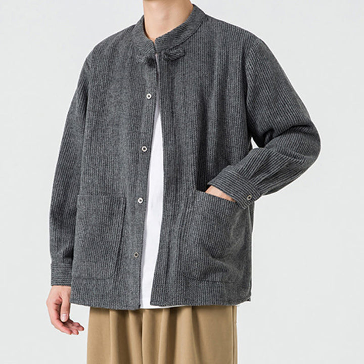 Koszula męska z długim rękawem i kieszeniami, z nadrukiem "Buddha Stones", zapinana na guziki żaby - image 2