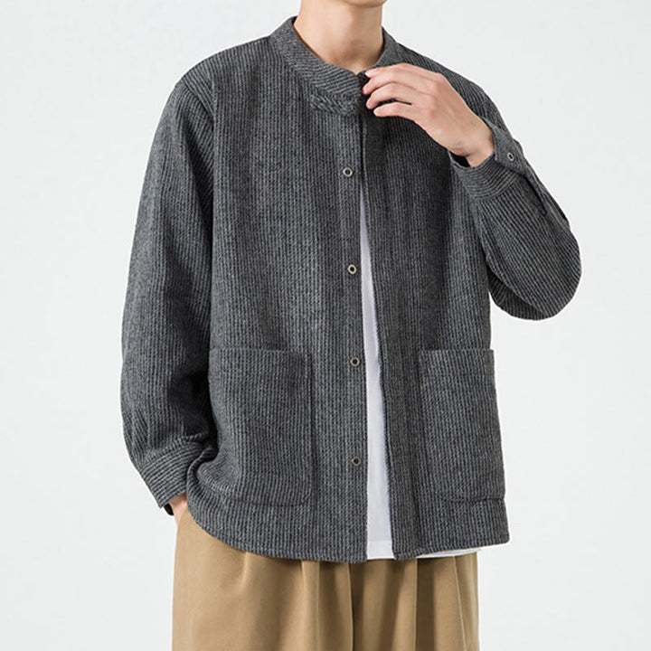 Koszula męska z długim rękawem i kieszeniami, z nadrukiem "Buddha Stones", zapinana na guziki żaby - image 7