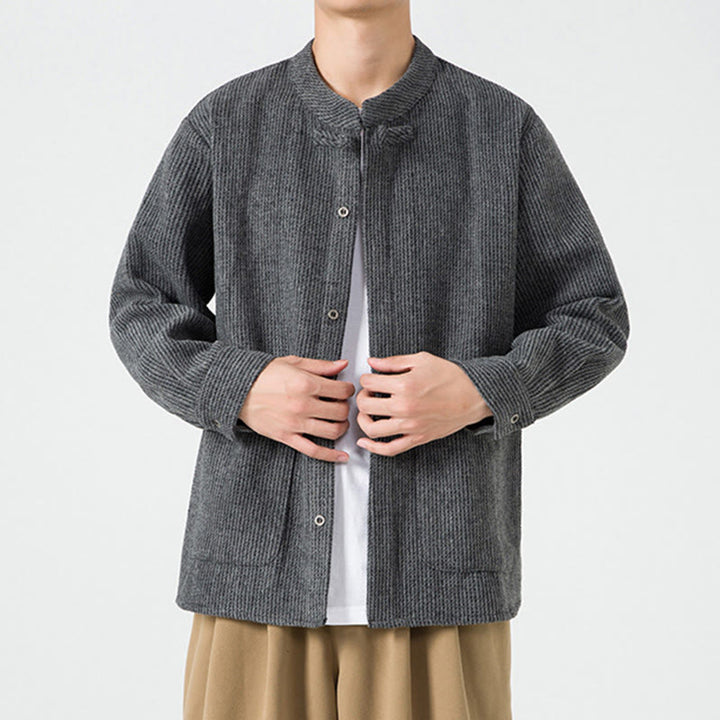 Koszula męska z długim rękawem i kieszeniami, z nadrukiem "Buddha Stones", zapinana na guziki żaby - image 5