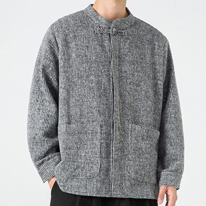 Koszula męska z długim rękawem i kieszeniami, z nadrukiem "Buddha Stones", zapinana na guziki żaby - image 15