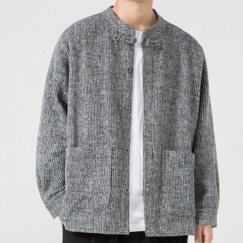 Koszula męska z długim rękawem i kieszeniami, z nadrukiem "Buddha Stones", zapinana na guziki żaby - image 11