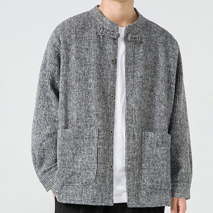 Koszula męska z długim rękawem i kieszeniami, z nadrukiem "Buddha Stones", zapinana na guziki żaby - image 11