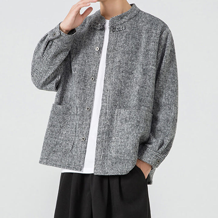 Koszula męska z długim rękawem i kieszeniami, z nadrukiem "Buddha Stones", zapinana na guziki żaby - image 13