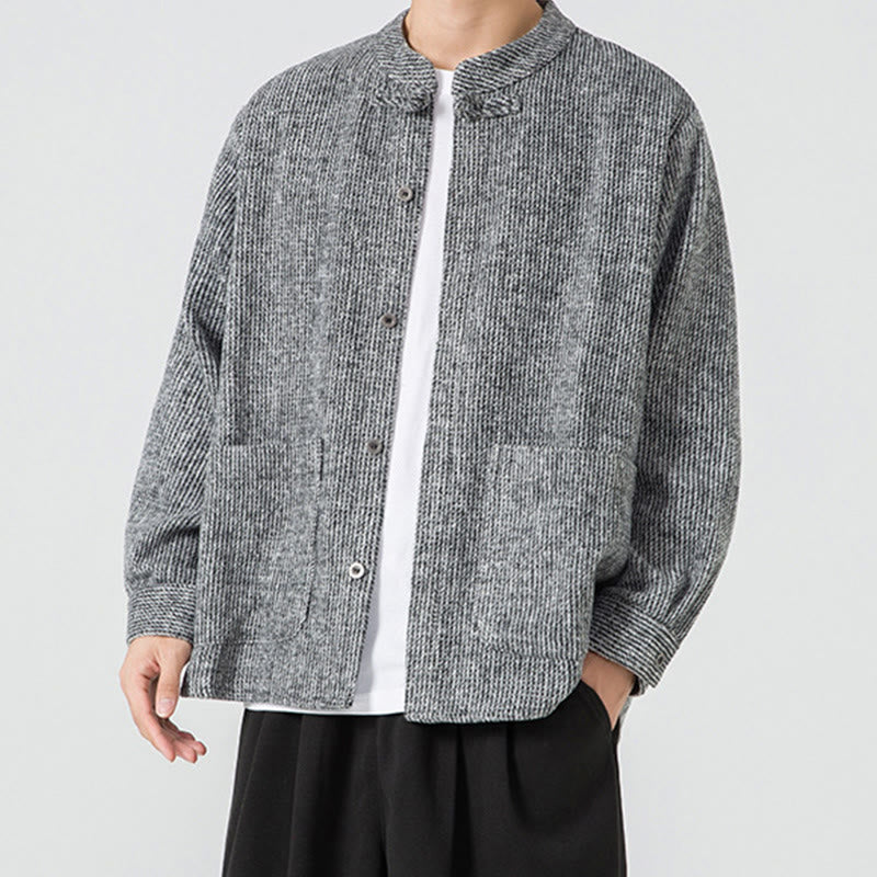 Koszula męska z długim rękawem i kieszeniami, z nadrukiem "Buddha Stones", zapinana na guziki żaby - image 14