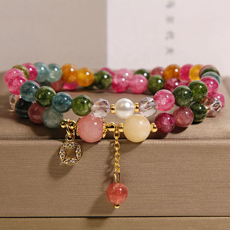 Bransoletka z podwójnym owinięciem, turmalin fioletowy jadeit, akwamaryn, jadeit miedziany, monety, kamienie Buddha Stones - Turmalin (obwód nadgarstka: 14-15 cm) - image 1