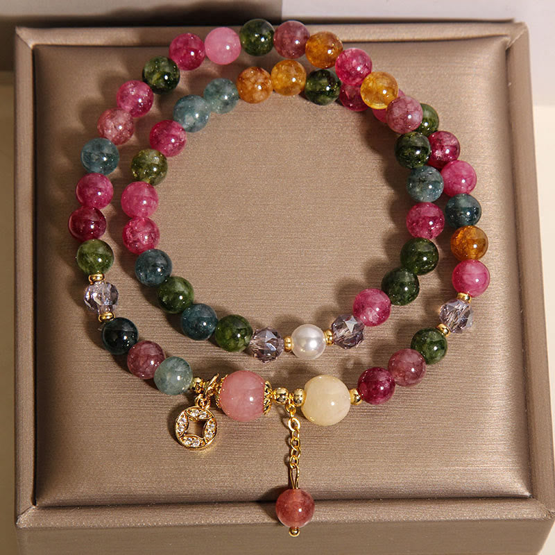 Bransoletka z podwójnym owinięciem, turmalin fioletowy jadeit, akwamaryn, jadeit miedziany, monety, kamienie Buddha Stones - image 2