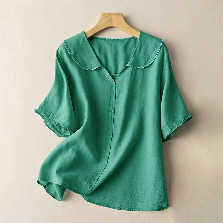 Koszula damska z okrągłym dekoltem i krótkim rękawem, z kołnierzykiem w Buddha Stones” - SeaGreen - US12, UK/AU16, EU44 (2XL) - image 1