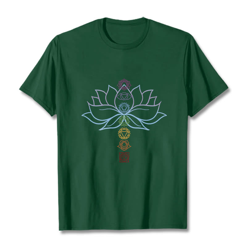 Koszulka z bawełny z motywem Buddha Stones w pastelowych odcieniach z motywem kwiatu lotosu i symbolami czakr do medytacji - ForestGreen - 2XL - image 10