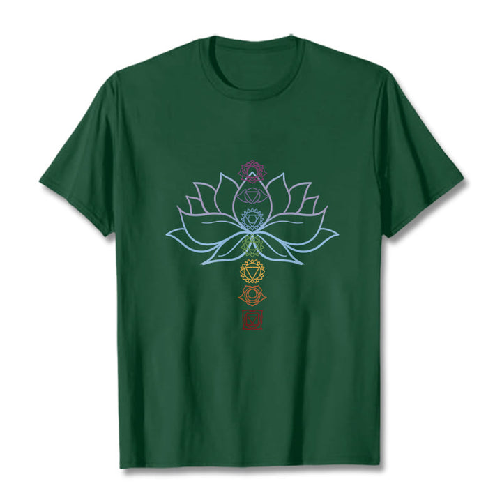 Koszulka z bawełny z motywem Buddha Stones w pastelowych odcieniach z motywem kwiatu lotosu i symbolami czakr do medytacji - ForestGreen - 2XL - image 11