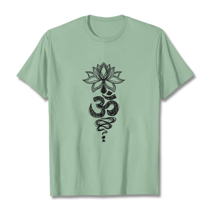 Koszulka z bawełny z motywem medytacji "Buddha Stones Om" w sanskrycie z motywem kwiatu lotosu - PaleGreen - 2XL - image 15
