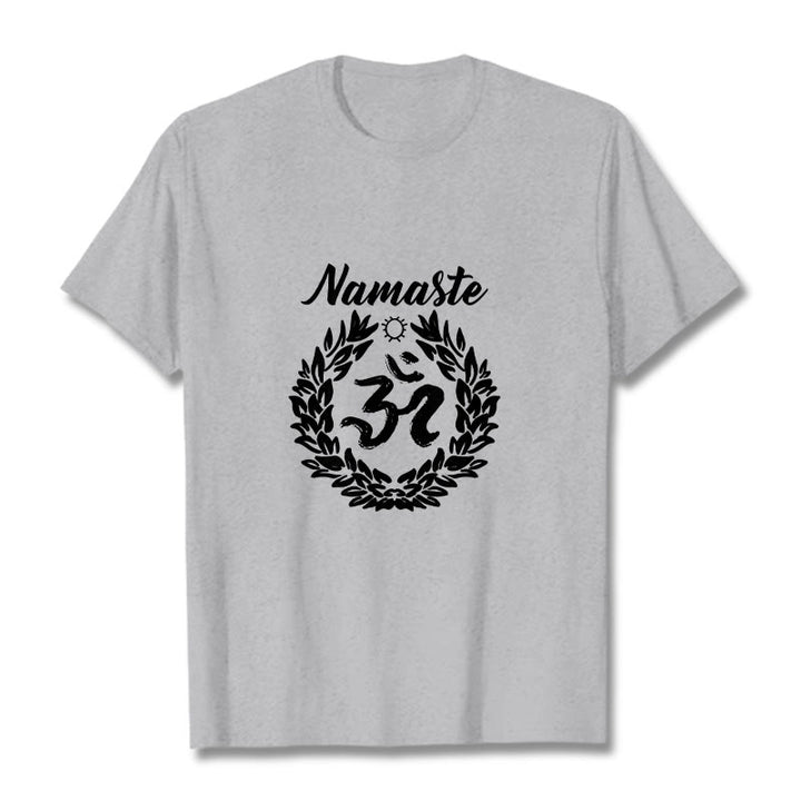 Koszulka z bawełny z motywem medytacji "Buddha Stones Om" w sanskrycie i liście Namaste - Jasnoszary - 2XL - image 20