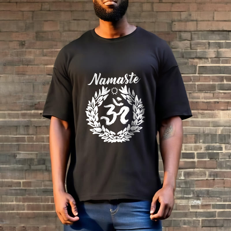 Koszulka z bawełny z motywem medytacji "Buddha Stones Om" w sanskrycie i liście Namaste - image 6