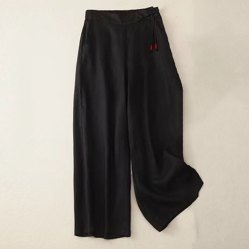 Spodnie damskie Capri z szerokimi nogawkami i kieszeniami, w jednolitym kolorze, z Buddha Stones, na jeden guzik - Czarny - US12, UK/AU16, EU44 (3XL) - image 6