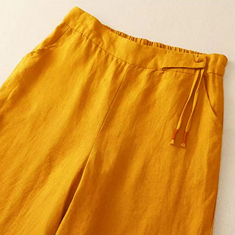 Spodnie damskie Capri z szerokimi nogawkami i kieszeniami, w jednolitym kolorze, z Buddha Stones, na jeden guzik - image 1