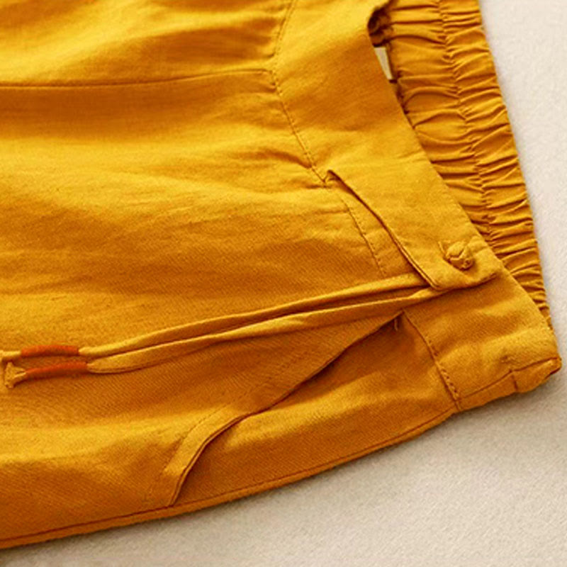 Spodnie damskie Capri z szerokimi nogawkami i kieszeniami, w jednolitym kolorze, z Buddha Stones, na jeden guzik - image 3