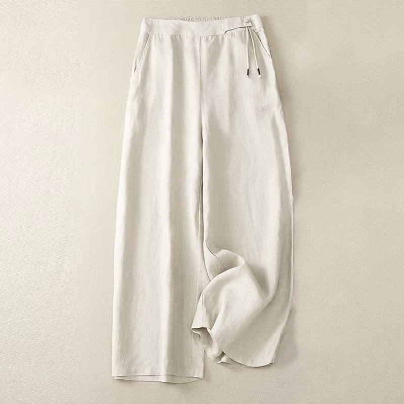 Spodnie damskie Capri z szerokimi nogawkami i kieszeniami, w jednolitym kolorze, z Buddha Stones, na jeden guzik - Beżowy - US12, UK/AU16, EU44 (3XL) - image 12