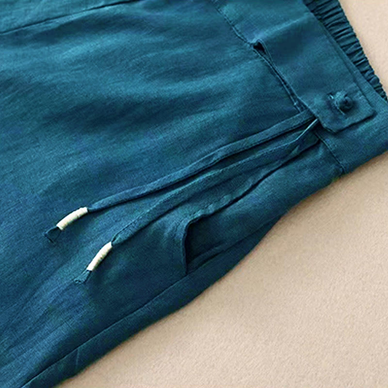 Spodnie damskie Capri z szerokimi nogawkami i kieszeniami, w jednolitym kolorze, z Buddha Stones, na jeden guzik - image 29