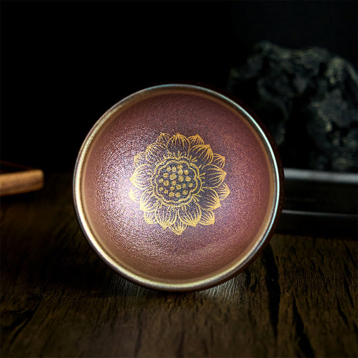 Buddha Stones ręcznie chiński Jianzhan Złoty Kwiat Lotosu Ceramiczny Filiżanka do herbaty Kung Fu 150 ml - 9 cm*150 ml - image 1