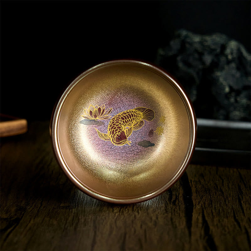 Buddha Stones ręcznie robione chińskie Jianzhan Koi Fish Lotus Leaf Ceramiczny kubek do herbaty Kung Fu 150ml - Złota Rybka Koi 8,8 cm*5,5 cm*150 ml - Bez pudełka prezentowego - image 1