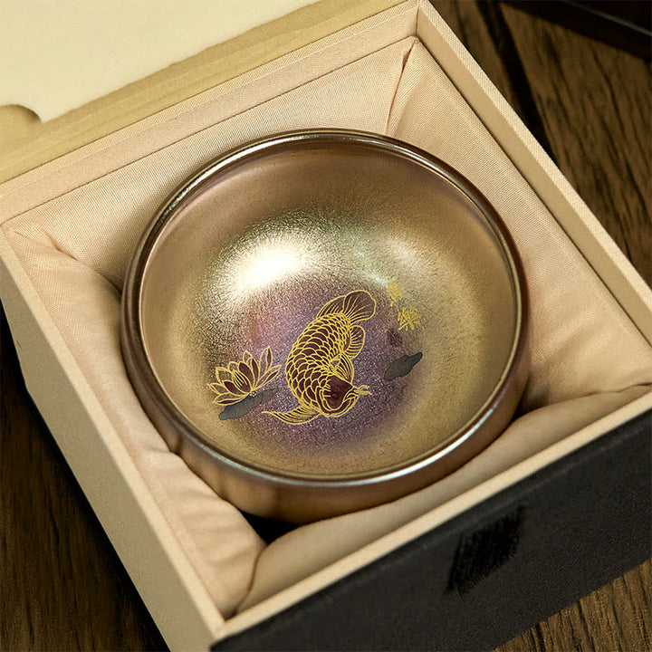 Buddha Stones ręcznie robione chińskie Jianzhan Koi Fish Lotus Leaf Ceramiczny kubek do herbaty Kung Fu 150ml - Złota Rybka Koi 8,8 cm*5,5 cm*150 ml - Pudełko prezentowe - image 5
