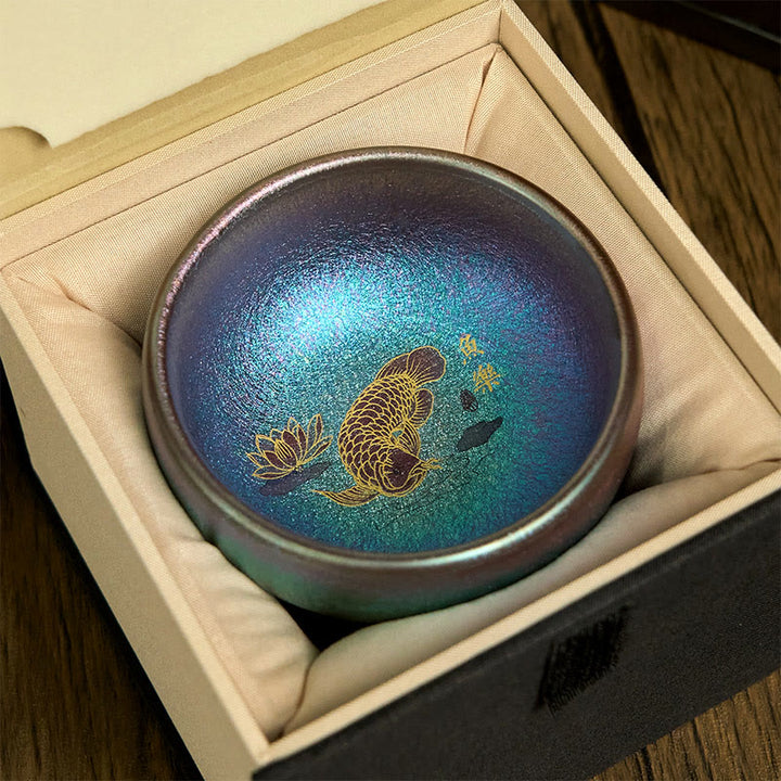 Buddha Stones ręcznie robione chińskie Jianzhan Koi Fish Lotus Leaf Ceramiczny kubek do herbaty Kung Fu 150ml - Rybka Koi Blue Gold 8,8 cm*5,5 cm*150 ml - Pudełko prezentowe - image 15
