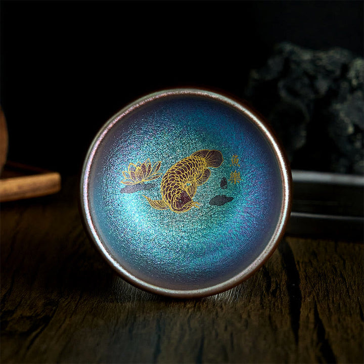 Buddha Stones ręcznie robione chińskie Jianzhan Koi Fish Lotus Leaf Ceramiczny kubek do herbaty Kung Fu 150ml - Rybka Koi Blue Gold 8,8 cm*5,5 cm*150 ml - Bez pudełka prezentowego - image 11