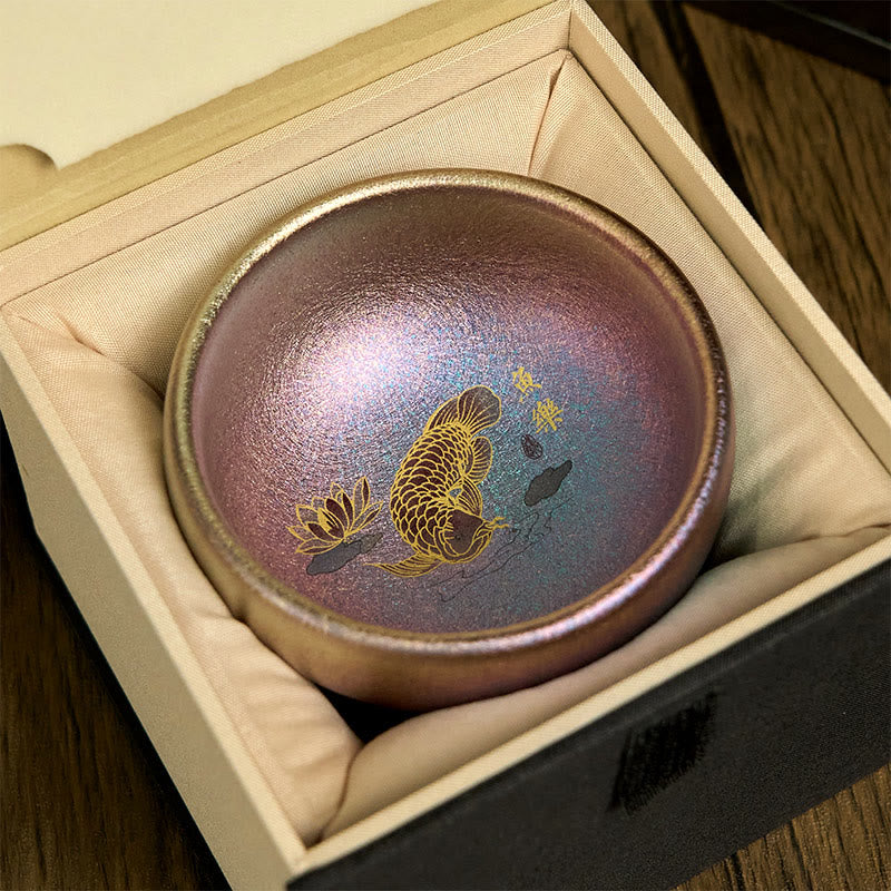 Buddha Stones ręcznie robione chińskie Jianzhan Koi Fish Lotus Leaf Ceramiczny kubek do herbaty Kung Fu 150ml - Fioletowo-złota ryba Koi 8,8 cm*5,5 cm*150 ml - Pudełko prezentowe - image 24