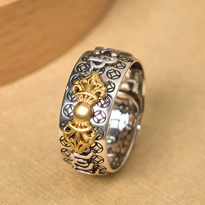 Pierścionek balansowy z Buddha Stones w stylu vintage Om Mani Padme Hum Vajra z miedzianym wykończeniem srebra - image 2