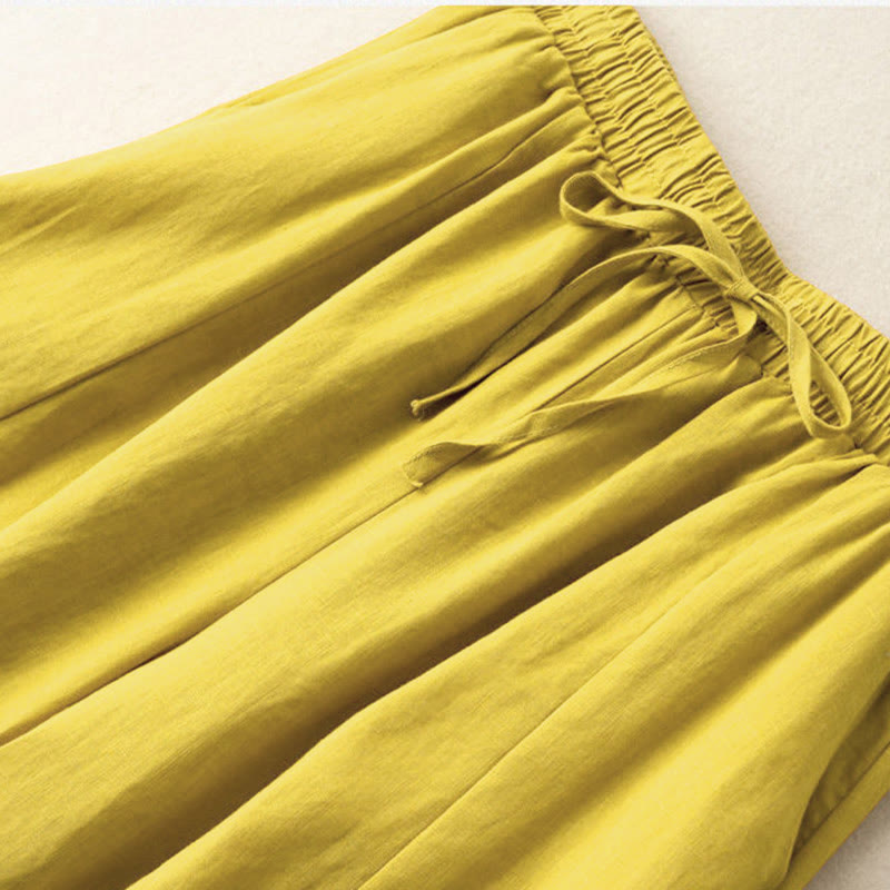 Buddha Stones Jednokolorowe Spodnie Capri o długości 7-8, skrócone, bawełniane, lniane, damskie, szerokie, z kieszeniami - image 2