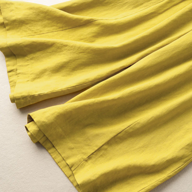 Buddha Stones Jednokolorowe Spodnie Capri o długości 7-8, skrócone, bawełniane, lniane, damskie, szerokie, z kieszeniami - image 4