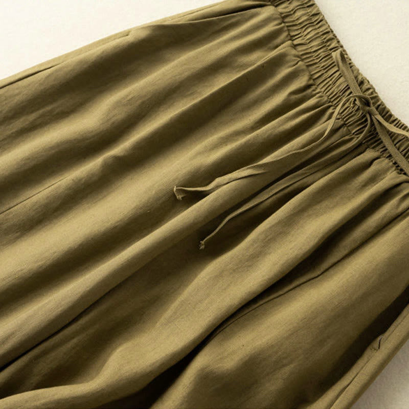 Buddha Stones Jednokolorowe Spodnie Capri o długości 7-8, skrócone, bawełniane, lniane, damskie, szerokie, z kieszeniami - image 13