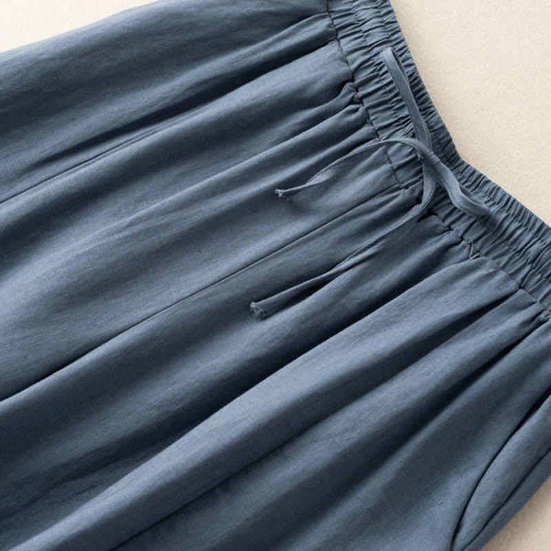 Buddha Stones Jednokolorowe Spodnie Capri o długości 7-8, skrócone, bawełniane, lniane, damskie, szerokie, z kieszeniami - image 31