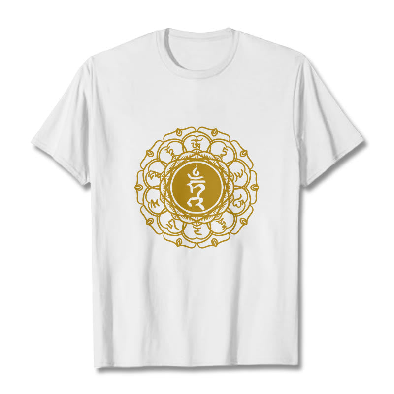 Koszulka z bawełny z motywem symbolu szumu i kamieni Buddha Stones , wzór Vishuddha - Biały - 2XL - image 1