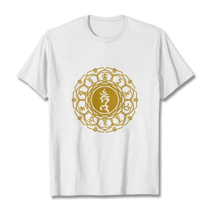 Koszulka z bawełny z motywem symbolu szumu i kamieni Buddha Stones , wzór Vishuddha - Biały - 2XL - image 1