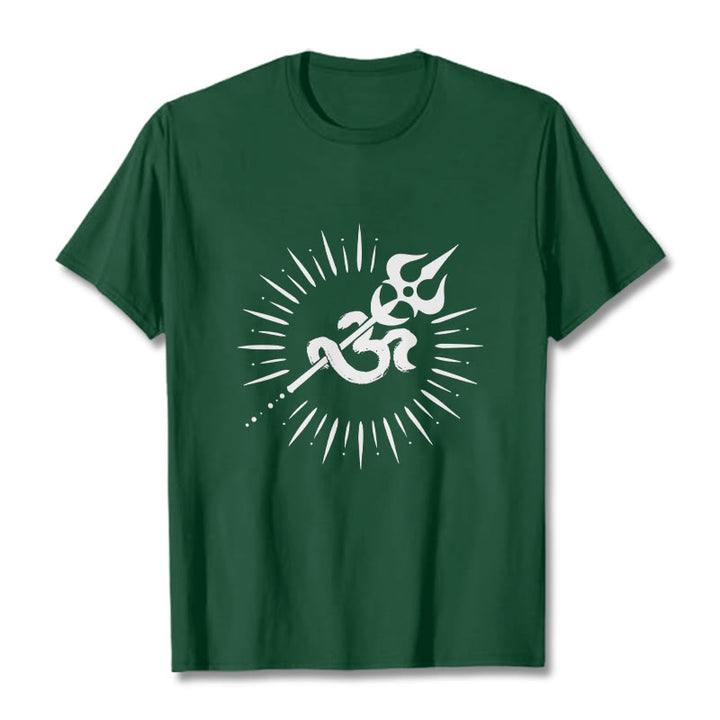 Koszulka z bawełny z motywem symbolu Om w kształcie trójzębu z Buddha Stones i promienistymi liniami - ForestGreen - 2XL - image 11