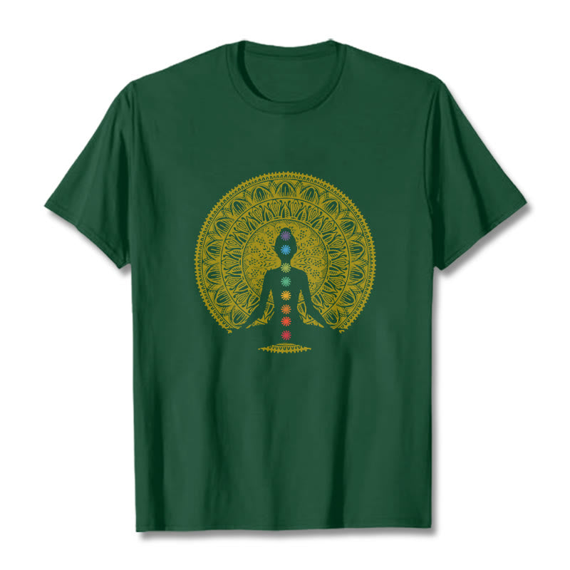 Koszulka z bawełny z motywem Buddha Stones , kolorowa, symbole czakr, złoty medytacyjny wzór postaci - ForestGreen - 2XL - image 11