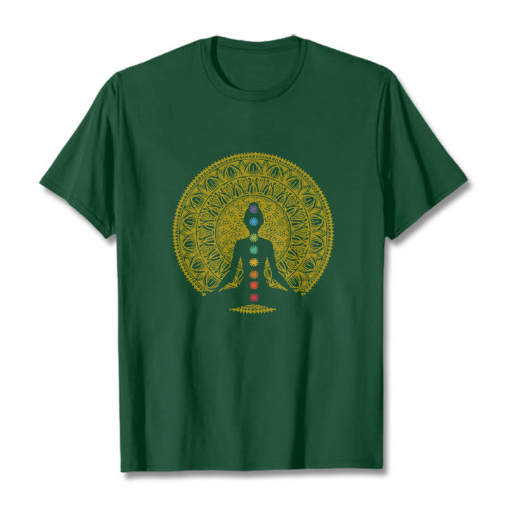 Koszulka z bawełny z motywem Buddha Stones , kolorowa, symbole czakr, złoty medytacyjny wzór postaci - ForestGreen - 2XL - image 11