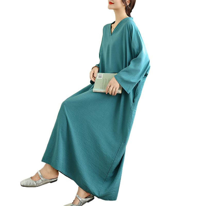 Sukienka maxi z długim rękawem z bawełny i lnu Buddha Stones w jednolitym kolorze, w stylu retro, z kieszeniami - image 25
