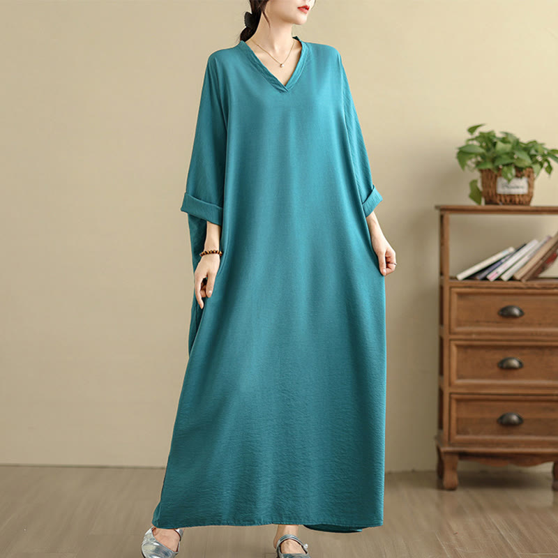 Sukienka maxi z długim rękawem z bawełny i lnu Buddha Stones w jednolitym kolorze, w stylu retro, z kieszeniami - LightSeaGreen - US4-12, UK/AU8-18, EU36-46(F) - image 13